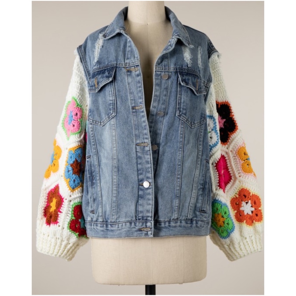 Jean Jacket with Multicolor Crochet Sleeves